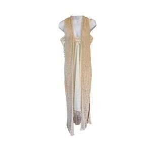 Vintage Mudd Crochet Duster Vest Boho Fairycore Cream Longline Open Knit S